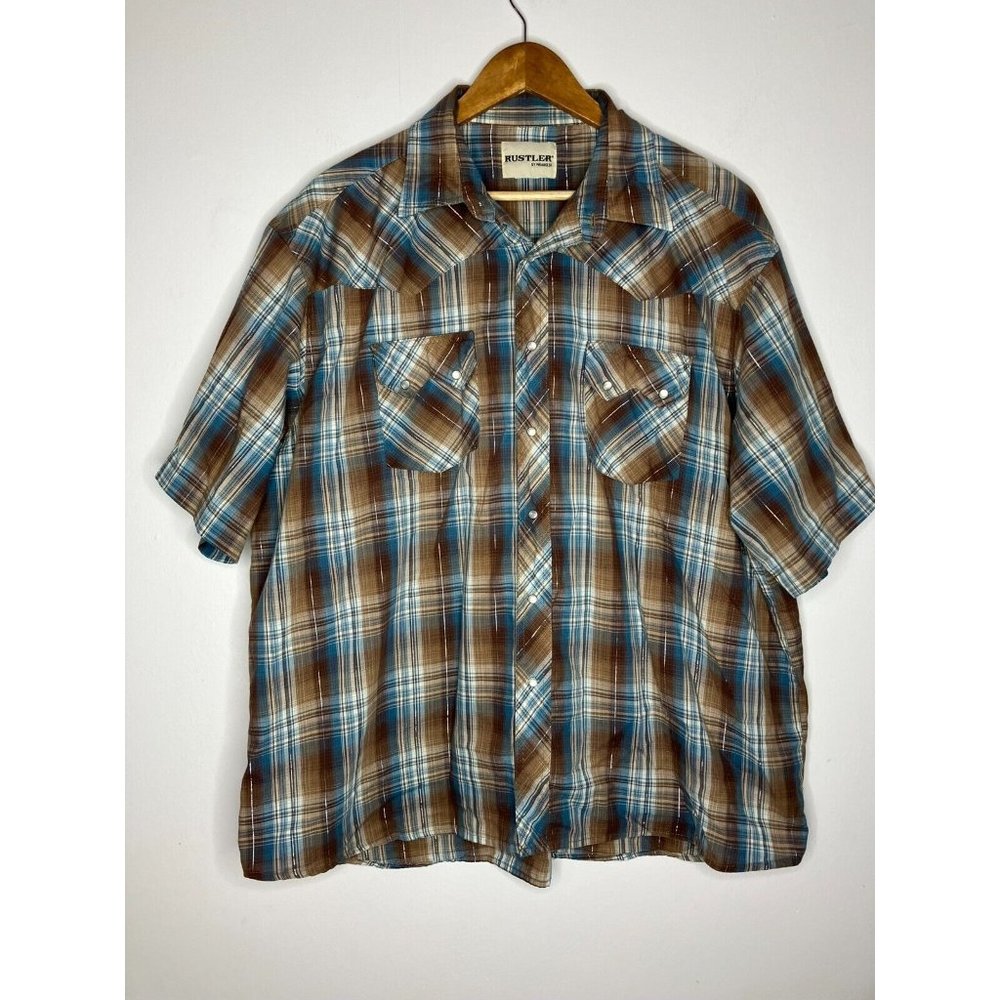 Rustler By Wrangler Shirt Brown Blue Plaid Men's XL